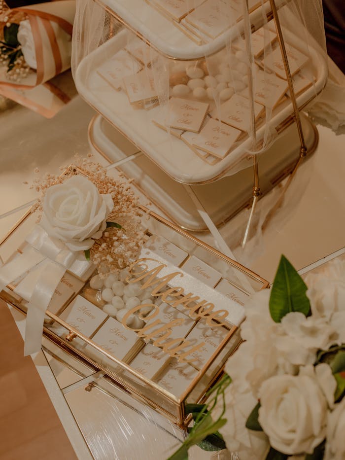 Chic wedding favors displayed elegantly with white roses and gold accents, perfect for sophisticated events.