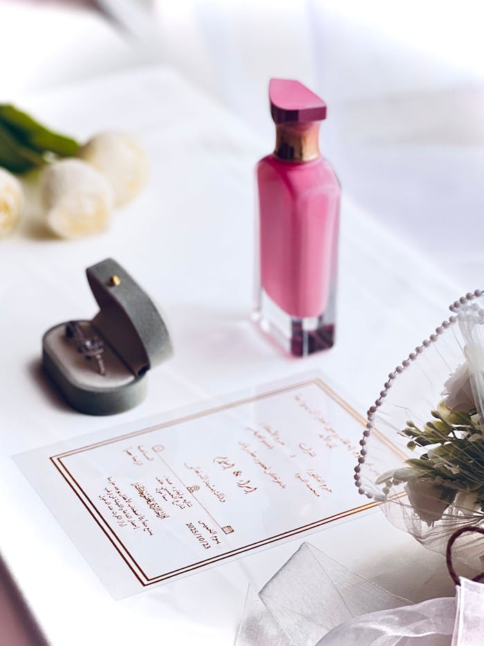 Pink perfume bottle with wedding invitation card, rings, and white flowers on a table.